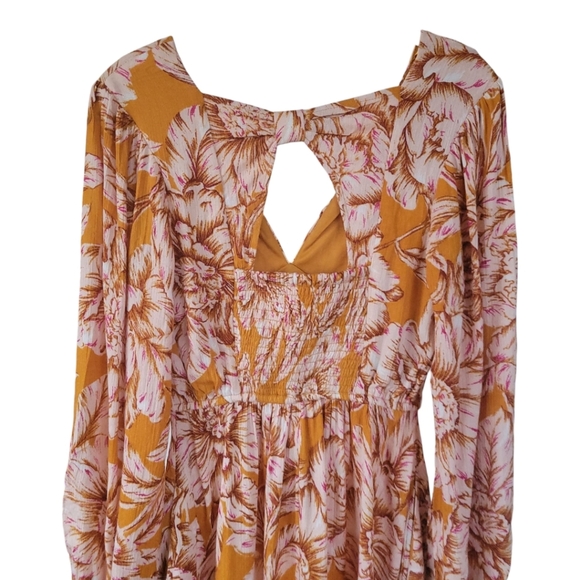 Band Of The FreexBand Of Gypsies XS Flowy Floral Babydoll Mini Dress Gold Blush - Picture 10 of 14